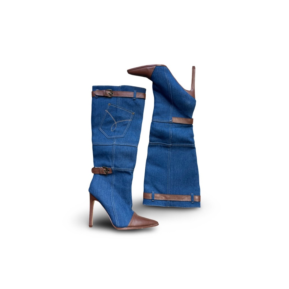 Blue Denim Knee-High Boots with Brown Accents